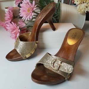 GUESS Glitter Buckle Slide Sandals Heels Excellent